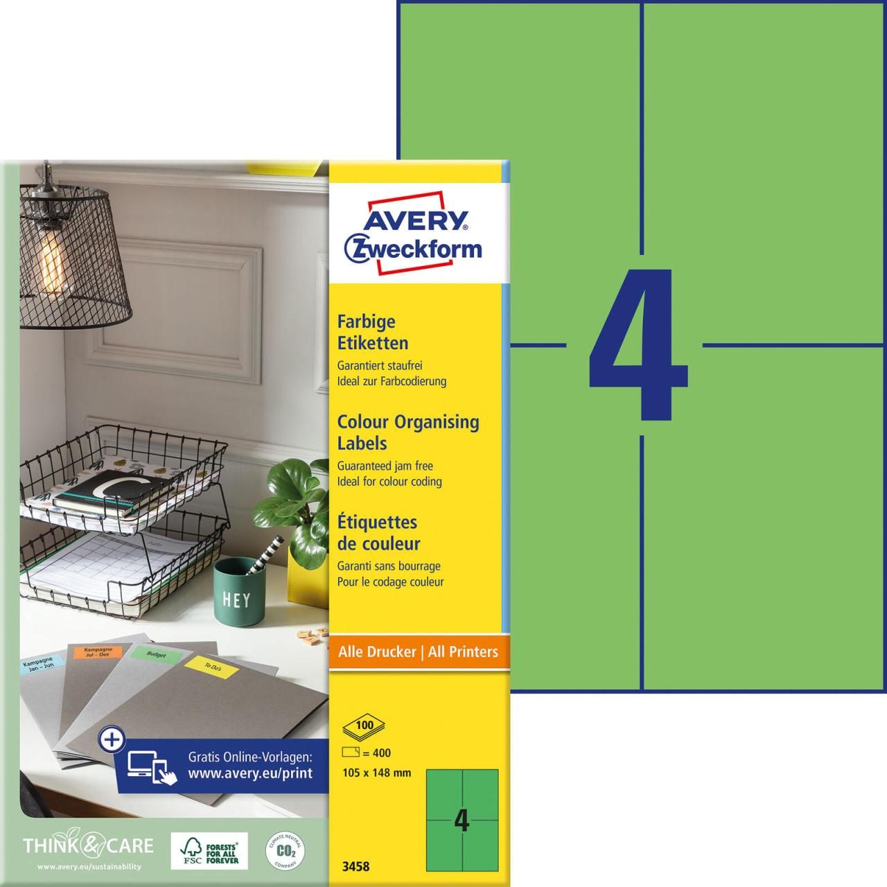 AVERY Zweckform Etiketten 3458 grün 105,0 x 148,0 mm von Avery Zweckform