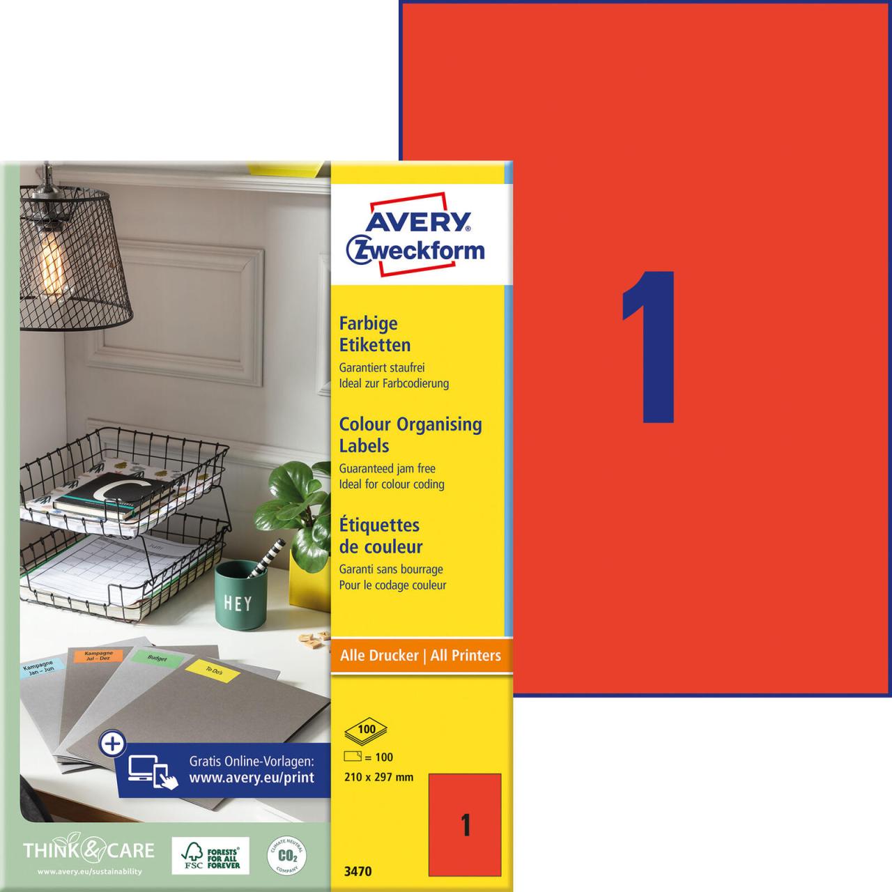 AVERY Zweckform Etiketten 3470 rot 210,0 x 297,0 mm von Avery Zweckform