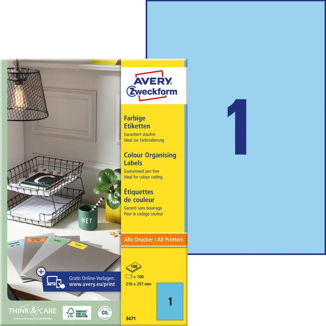 AVERY Zweckform Universaletiketten 3471 210,0 x 297,0 mm Blau von Avery Zweckform