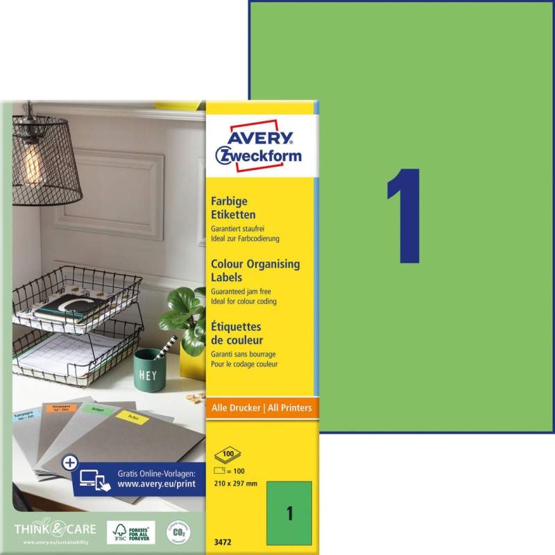 AVERY Zweckform Etiketten 3472 grün 210,0 x 297,0 mm von Avery Zweckform
