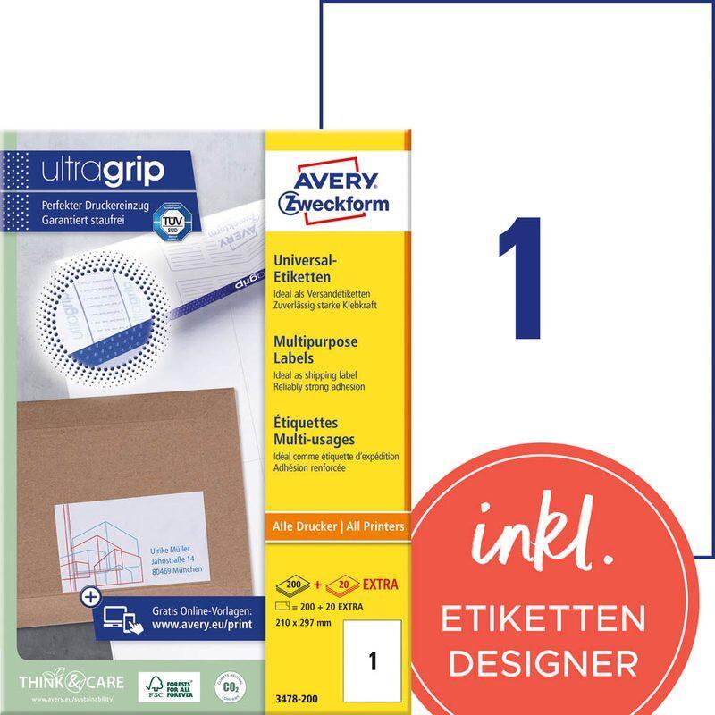 AVERY Zweckform Universaletiketten 3478-200 210,0 x 297,0 mm weiß von Avery Zweckform