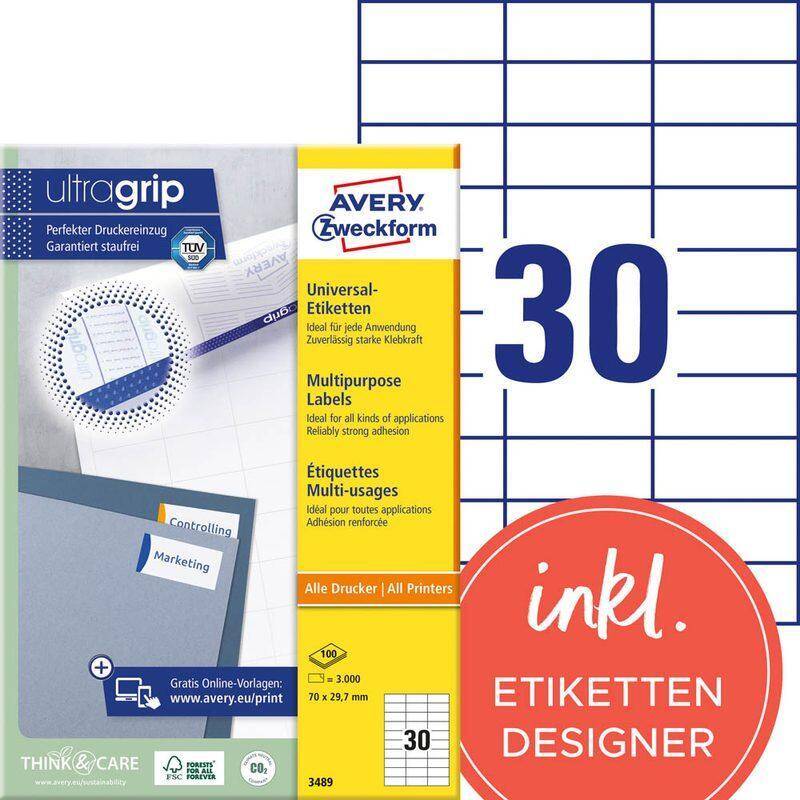 AVERY Zweckform Etiketten 3489 weiß 70,0 x 29,7 mm von Avery Zweckform