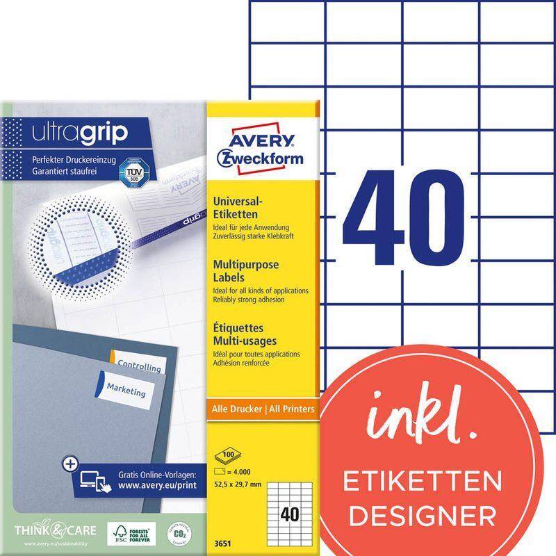 AVERY Zweckform Etiketten 3651 weiß 52,5 x 29,7 mm von Avery Zweckform
