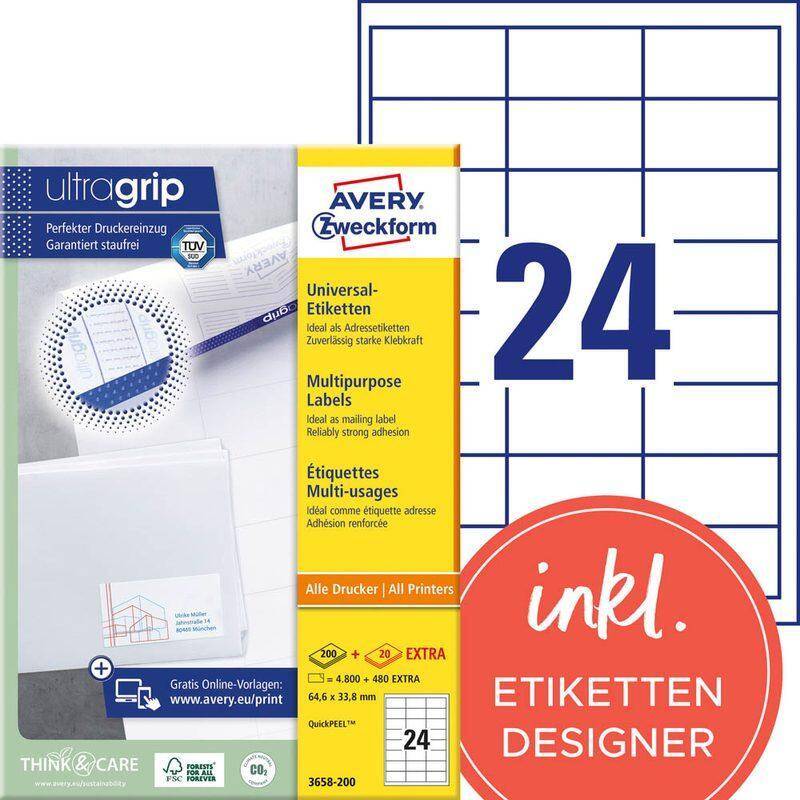 AVERY Zweckform Etiketten 3658-200 weiß 64,6 x 33,8 mm von Avery Zweckform