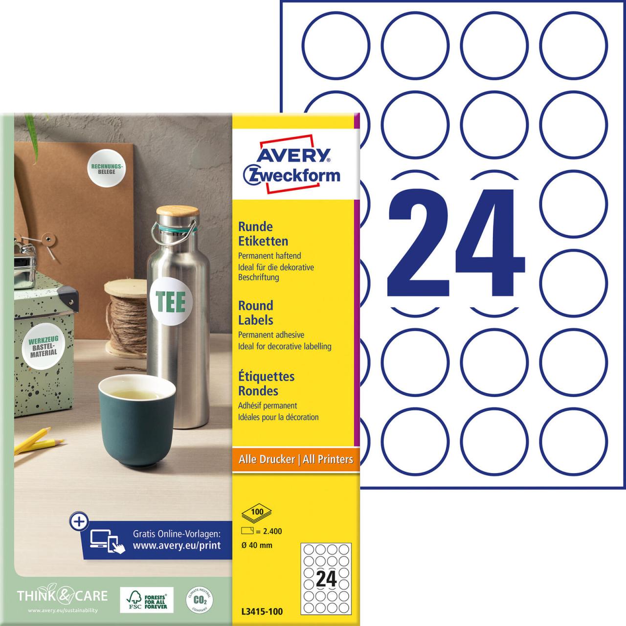 AVERY Zweckform Etiketten L3415-100 weiß 40,0 x 40,0 mm von Avery Zweckform