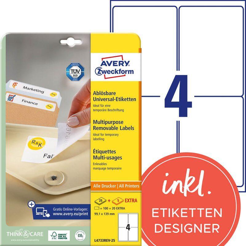 AVERY Zweckform Etiketten L4733REV-25 weiß 99,1 x 139,0 mm AVERY Zweckform Etiketten L4733REV-25 weiß 99,1 x 139,0 mm von Avery Zweckform