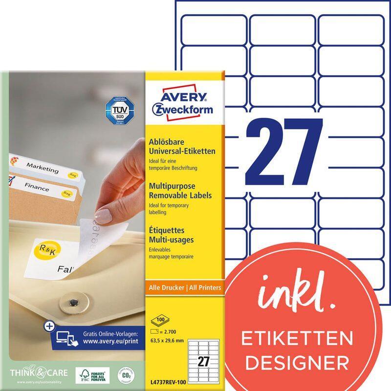 AVERY Zweckform Universaletiketten L4737REV-100 63,5 x 29,6 mm weiß von Avery Zweckform