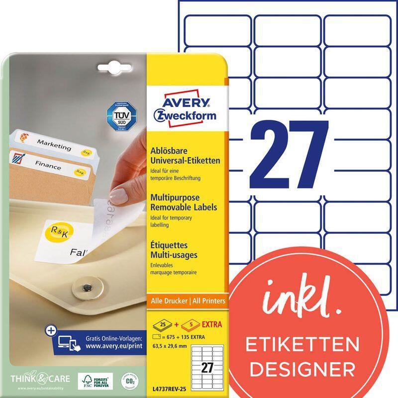 AVERY Zweckform Universaletiketten L4737REV-25 63,5 x 29,6 mm weiß von Avery Zweckform