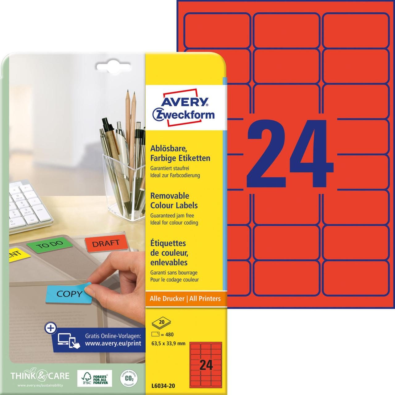 AVERY Zweckform Universaletiketten L6034-20 63,5 x 33,9 mm Rot von Avery Zweckform