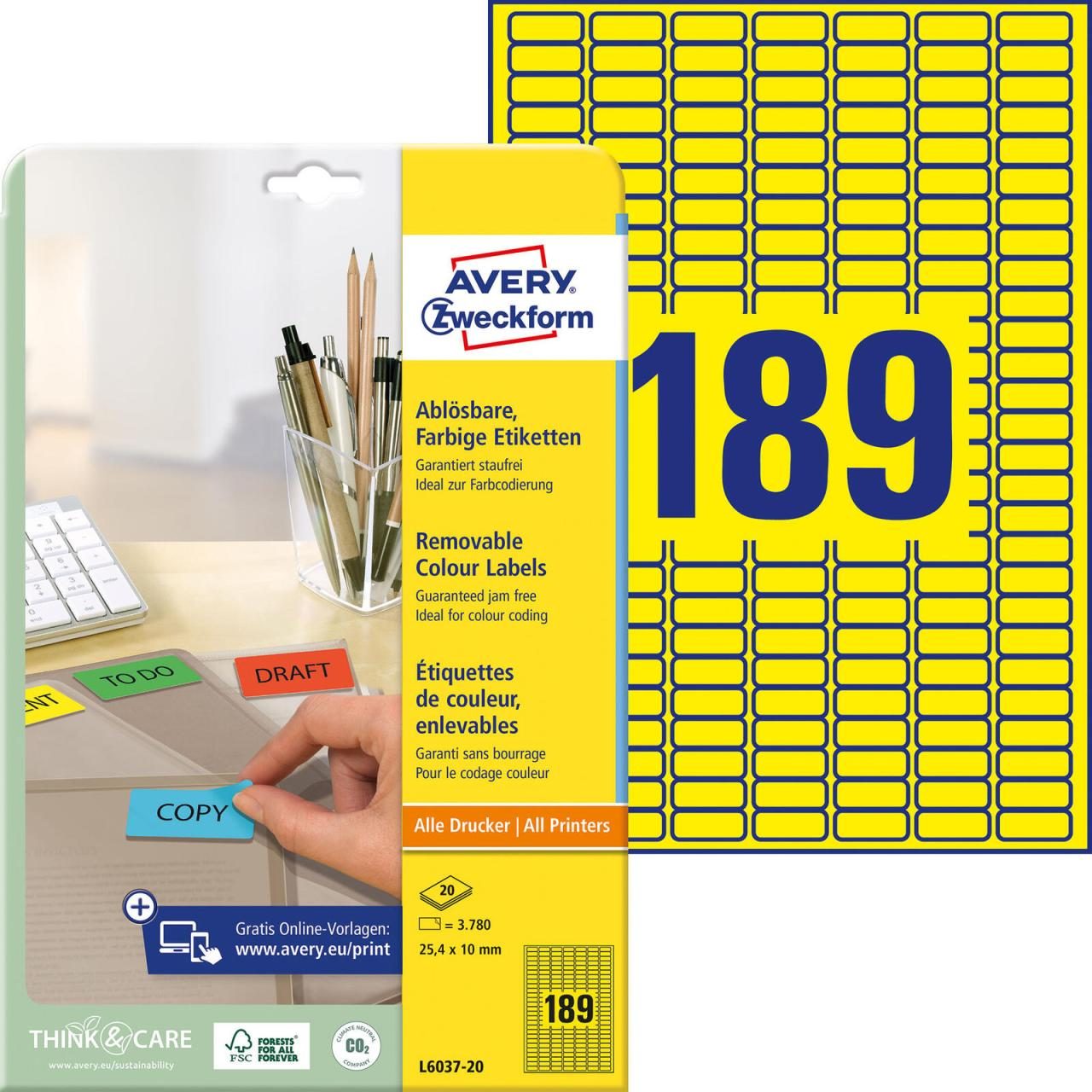 AVERY Zweckform Etiketten L6037-20 gelb 25,4 x 10,0 mm AVERY Zweckform Etiketten L6037-20 gelb 25,4 x 10,0 mm von Avery Zweckform