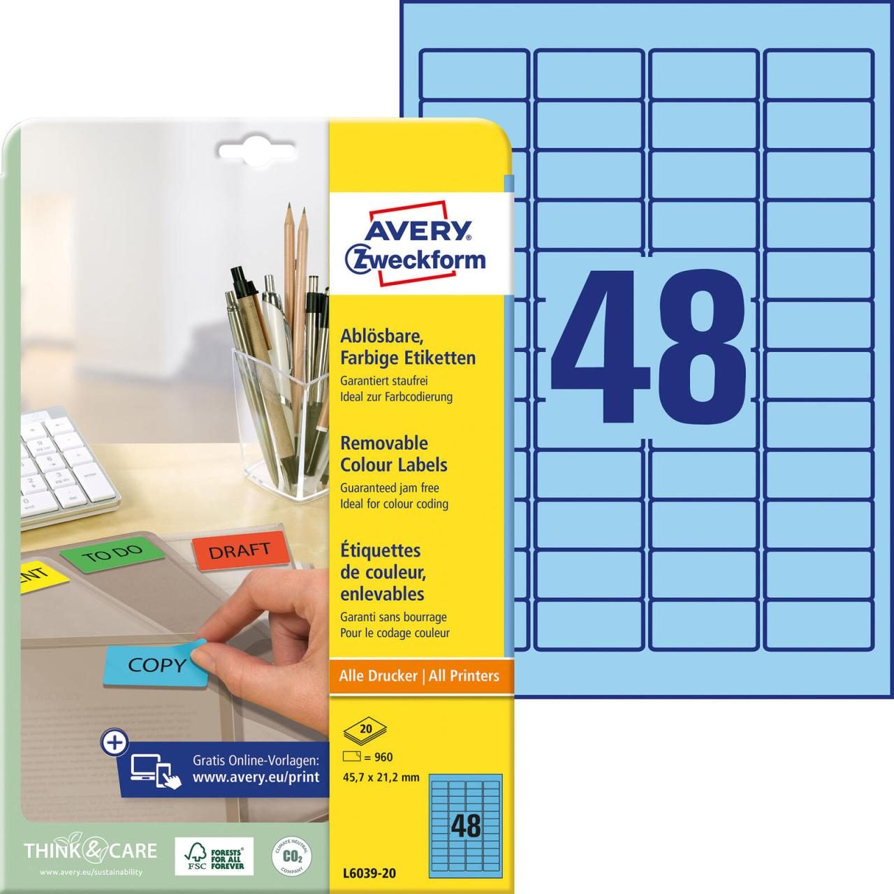 AVERY Zweckform Universaletiketten L6039-20 45,7 x 21,2 mm Blau von Avery Zweckform