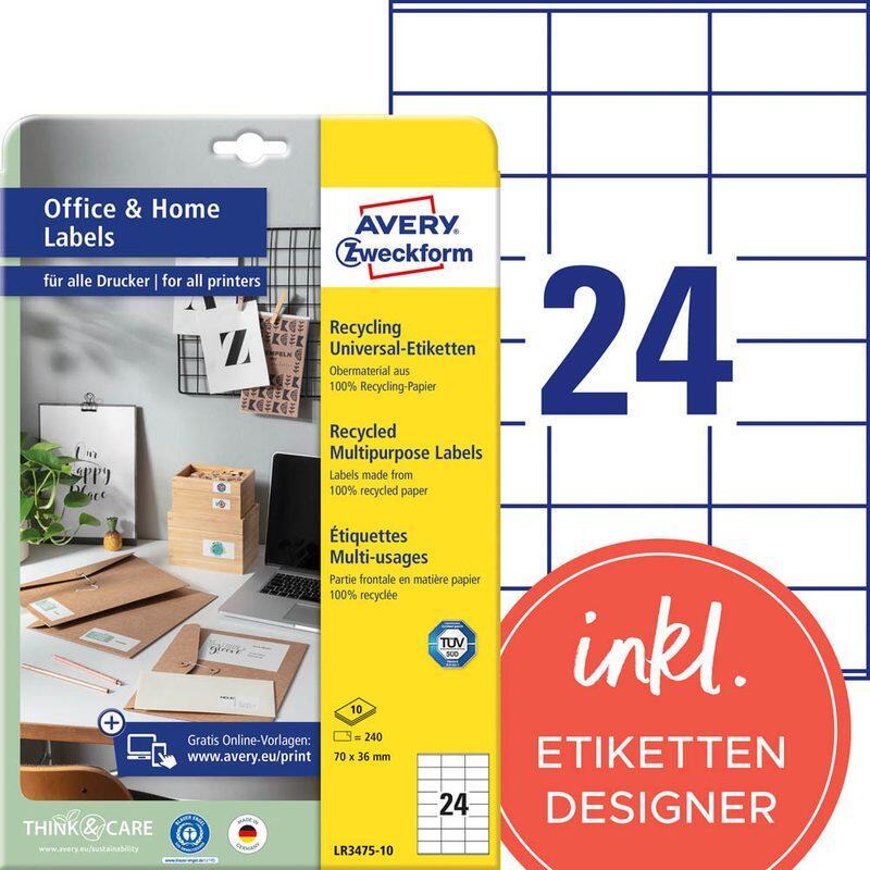 AVERY Zweckform Etiketten LR3475-10 weiß 70,0 x 36,0 mm AVERY Zweckform Etiketten LR3475-10 weiß 70,0 x 36,0 mm von Avery Zweckform