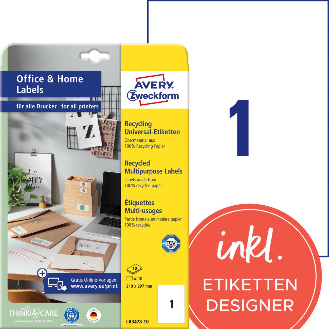 AVERY Zweckform Etiketten LR3478-10 weiß 210,0 x 297,0 mm AVERY Zweckform Etiketten LR3478-10 weiß 210,0 x 297,0 mm von Avery Zweckform