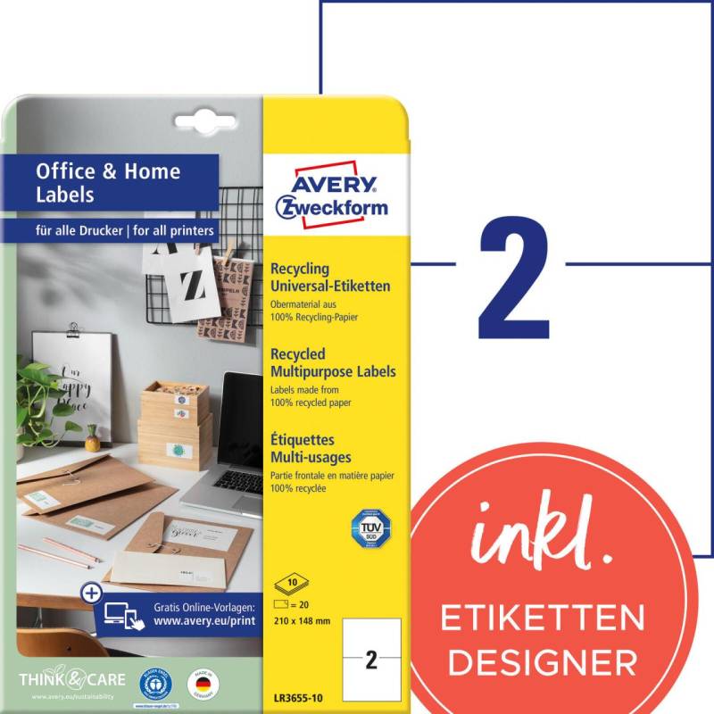 AVERY Zweckform Etiketten LR3655-10 weiß 210,0 x 148,0 mm von Avery Zweckform
