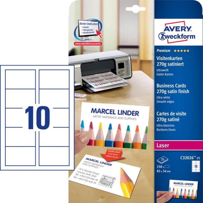 AVERY Zweckform Visitenkarten 270 g/m² satiniert ultraweiß von Avery Zweckform