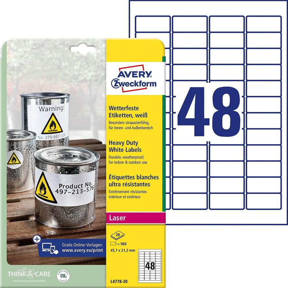 AVERY Zweckform wetterfeste Folienetiketten L4778-20 weiß 45,7 x 21,2 mm - 96... von Avery Zweckform