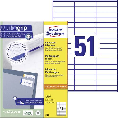 Avery-Zweckform 3420 Universal-Etiketten 70 x 16.9mm Papier Weiß 5100 St. Permanent haftend Tintens von Avery-Zweckform