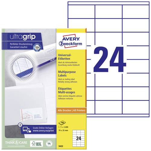 Avery-Zweckform 3422 Universal-Etiketten 70 x 35mm Papier Weiß 2400 St. Permanent haftend Tintenstr von Avery-Zweckform