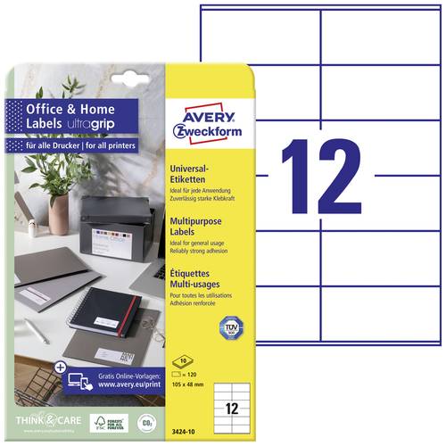 Avery-Zweckform 3424-10 Universal-Etiketten 105 x 48mm Papier Weiß 120 St. Permanent haftend Farbla von Avery-Zweckform