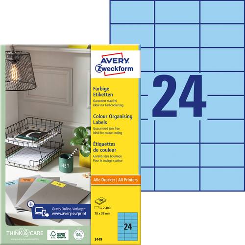 Avery-Zweckform 3449 Universal-Etiketten 70 x 37mm Papier Blau 2400 St. Permanent haftend Tintenstra von Avery-Zweckform