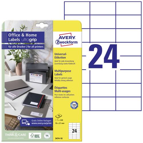 Avery-Zweckform 3474-10 Universal-Etiketten 70 x 37mm Papier Weiß 240 St. Permanent haftend Tintens von Avery-Zweckform