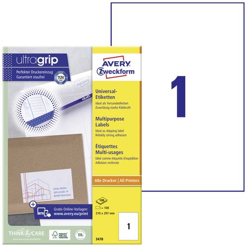 Avery-Zweckform 3478 Universal-Etiketten 210 x 297mm Papier Weiß 100 St. Permanent haftend Tintenst von Avery-Zweckform