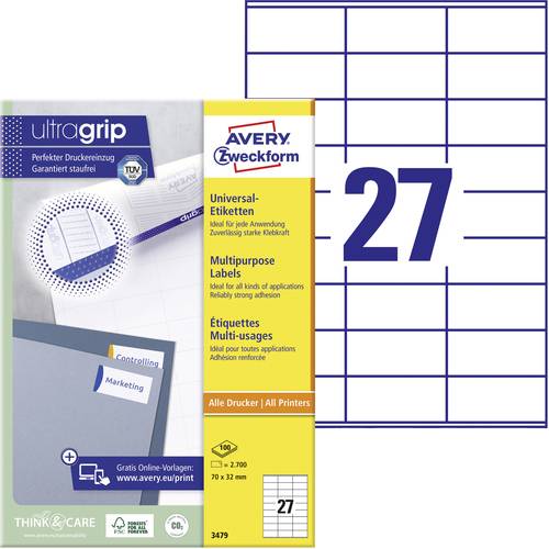 Avery-Zweckform 3479 Universal-Etiketten 70 x 32mm Papier Weiß 2700 St. Permanent haftend Farblaser Avery-Zweckform 3479 Universal-Etiketten 70 x 32mm Papier Weiß 2700 St. Permanent haftend Farblaser von Avery-Zweckform