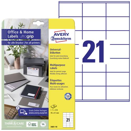 Avery-Zweckform 3481-10 Universal-Etiketten 70 x 41mm Papier Weiß 210 St. Permanent haftend Farblas von Avery-Zweckform