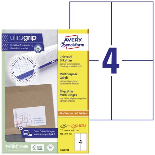 Avery-Zweckform 3483-200 Universal-Etiketten 105 x 148mm Papier Weiß 880 St. Permanent haftend Tint von Avery-Zweckform