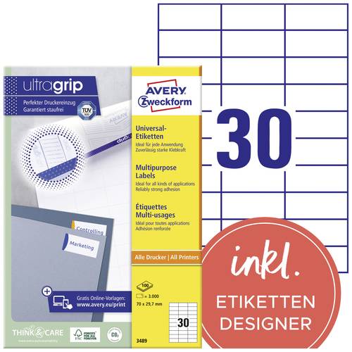 Avery-Zweckform 3489 Universal-Etiketten 70 x 29.7mm Papier Weiß 3000 St. Permanent haftend Farblas Avery-Zweckform 3489 Universal-Etiketten 70 x 29.7mm Papier Weiß 3000 St. Permanent haftend Farblas von Avery-Zweckform