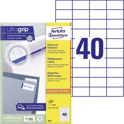 Avery-Zweckform 3651 Universal-Etiketten 52.5 x 29.7mm Papier Weiß 4000 St. Permanent haftend Tinte von Avery-Zweckform