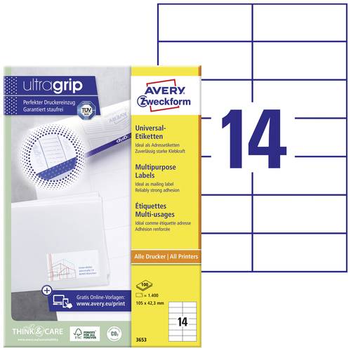 Avery-Zweckform 3653 Universal-Etiketten 105 x 42.3mm Papier Weiß 1400 St. Permanent haftend Tinten von Avery-Zweckform