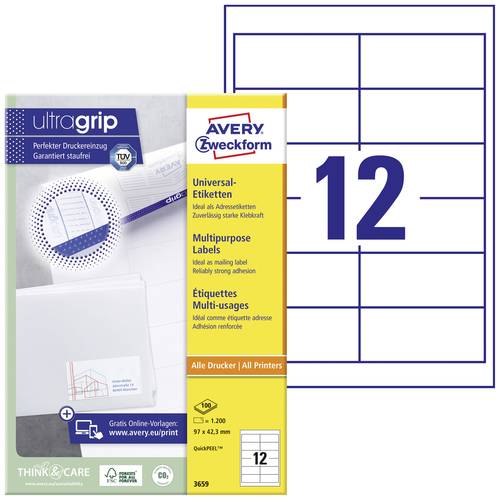 Avery-Zweckform 3659 Universal-Etiketten 97 x 42.3mm Papier Weiß 1200 St. Permanent haftend Tintens von Avery-Zweckform