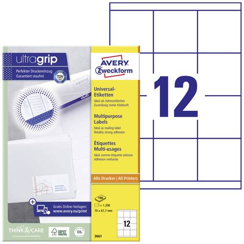 Avery-Zweckform 3661 Universal-Etiketten 70 x 67.7mm Papier Weiß 1200 St. Permanent haftend Farblas von Avery-Zweckform