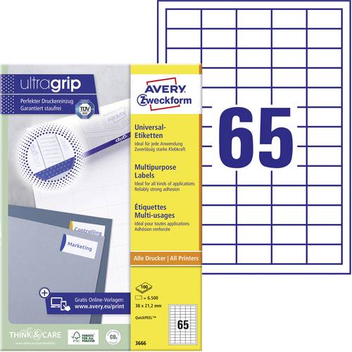 Avery-Zweckform 3666 Universal-Etiketten 38 x 21.2mm Papier Weiß 6500 St. Permanent haftend Tintens von Avery-Zweckform