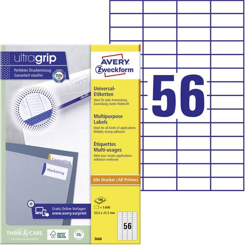 Avery-Zweckform 3668 Universal-Etiketten 52.5 x 21.2mm Papier Weiß 5600 St. Permanent haftend Tinte von Avery-Zweckform