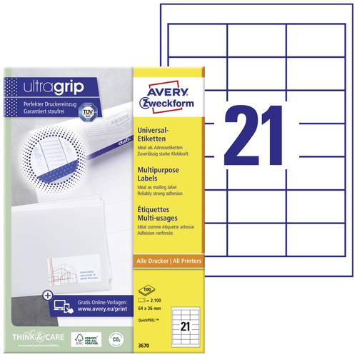 Avery-Zweckform 3670 Universal-Etiketten 64 x 36mm Papier Weiß 2100 St. Permanent haftend Laserdruc von Avery-Zweckform