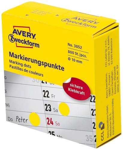 Avery-Zweckform 3852 Markierungspunkte Etiketten Ø 10mm Gelb 800 St. Permanent haftend Papier von Avery-Zweckform