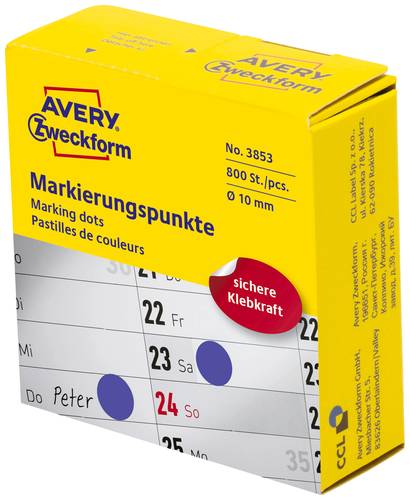 Avery-Zweckform 3853 Markierungspunkte Etiketten Ø 10mm Blau 800 St. Permanent haftend Papier von Avery-Zweckform