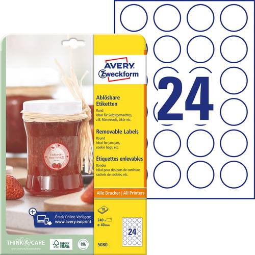 Avery-Zweckform 5080 Universal-Etiketten Ø 40mm Papier Weiß 1 Set Wiederablösbar Tintenstrahldruc von Avery-Zweckform