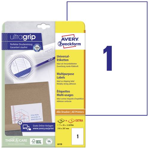 Avery-Zweckform 6119 Universal-Etiketten 210 x 297mm Papier Weiß 30 St. Permanent haftend Tintenstr von Avery-Zweckform