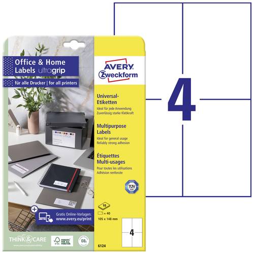 Avery-Zweckform 6124 Universal-Etiketten 105 x 148mm Papier Weiß 40 St. Permanent haftend Tintenstr von Avery-Zweckform