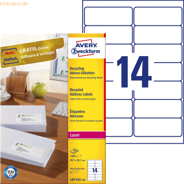 Avery Zweckform Adress-Etiketten 99,1x38,1 mm Recycling 100 Blatt/1400 Avery Zweckform Adress-Etiketten 99,1x38,1 mm Recycling 100 Blatt/1400 von Avery Zweckform