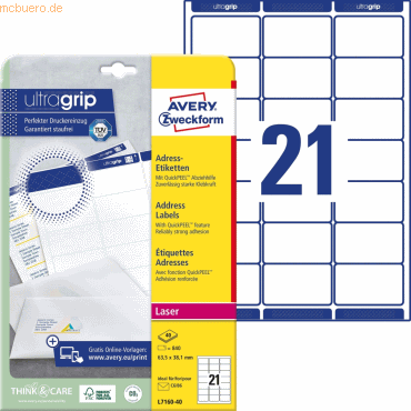 Avery Zweckform Adress-Etiketten ultragrip 63,5x38,1 mm VE=840 Etikett Avery Zweckform Adress-Etiketten ultragrip 63,5x38,1 mm VE=840 Etikett von Avery Zweckform