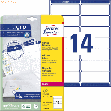Avery Zweckform Adress-Etiketten ultragrip 99,1x38,1 mm VE=560 Etikett Avery Zweckform Adress-Etiketten ultragrip 99,1x38,1 mm VE=560 Etikett von Avery Zweckform