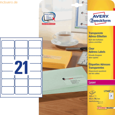 Avery Zweckform Adressetiketten 63.5x38.1mm VE=525 Stück transparent Avery Zweckform Adressetiketten 63.5x38.1mm VE=525 Stück transparent von Avery Zweckform
