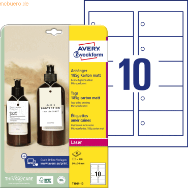 Avery Zweckform Anhänger Karton 90x50 mm beidseitig beschichtet VE=100 Avery Zweckform Anhänger Karton 90x50 mm beidseitig beschichtet VE=100 von Avery Zweckform