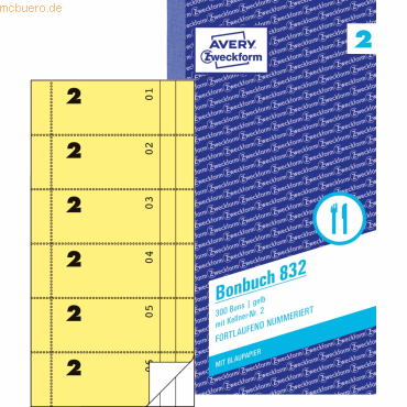 5 x Avery Zweckform Bonbuch 105x198mm 2x50 Blatt 300 Abrisse gelb 5 x Avery Zweckform Bonbuch 105x198mm 2x50 Blatt 300 Abrisse gelb von Avery Zweckform