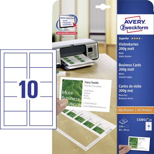 Avery-Zweckform C32011-25 Bedruckbare Visitenkarten, glatte Kanten 85 x 54mm Weiß 250 St. Papierfor von Avery-Zweckform