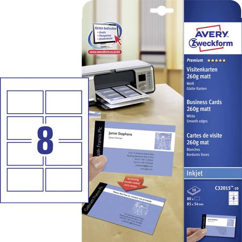 Avery-Zweckform C32015-10 Bedruckbare Visitenkarten, glatte Kanten 85 x 54mm Weiß 80 St. Papierform von Avery-Zweckform